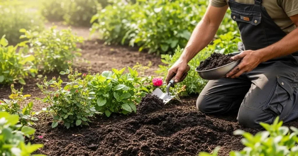 Gardener adding rich organic compost to garden soil to improve plant growth.