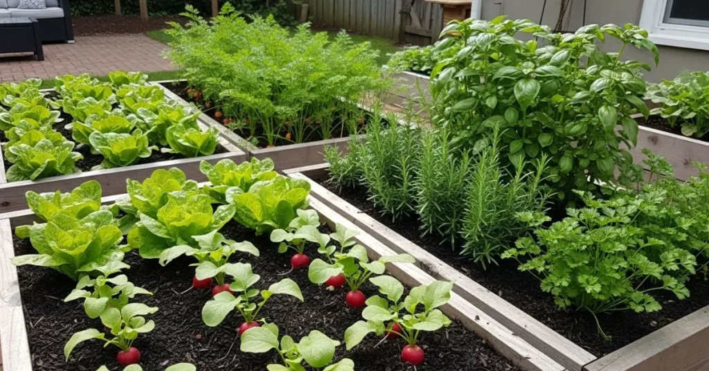 Raised bed garden with fresh vegetables and herbs including lettuce, radishes, carrots, and green herbs.