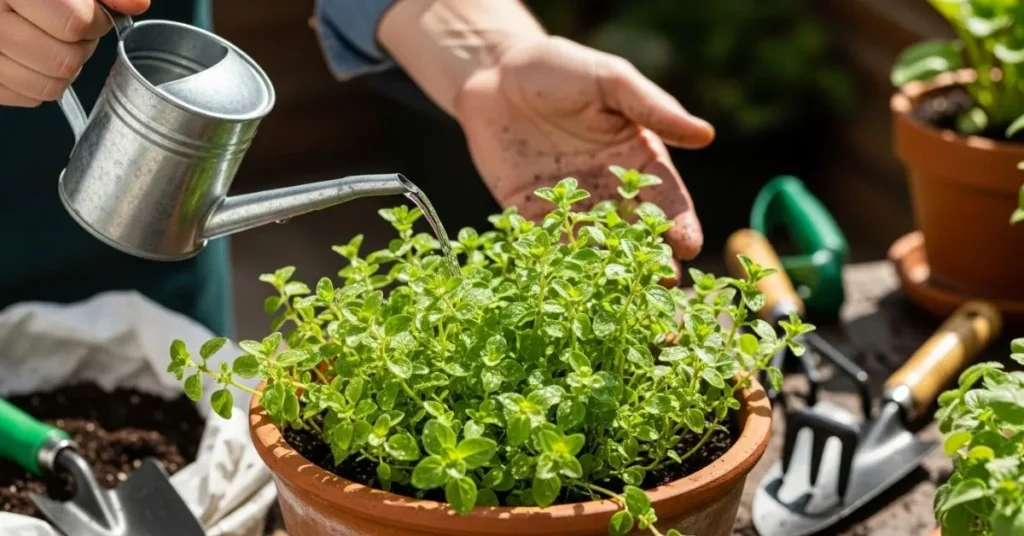 Person watering healthy oregano plants in a pot under bright sunlight.
