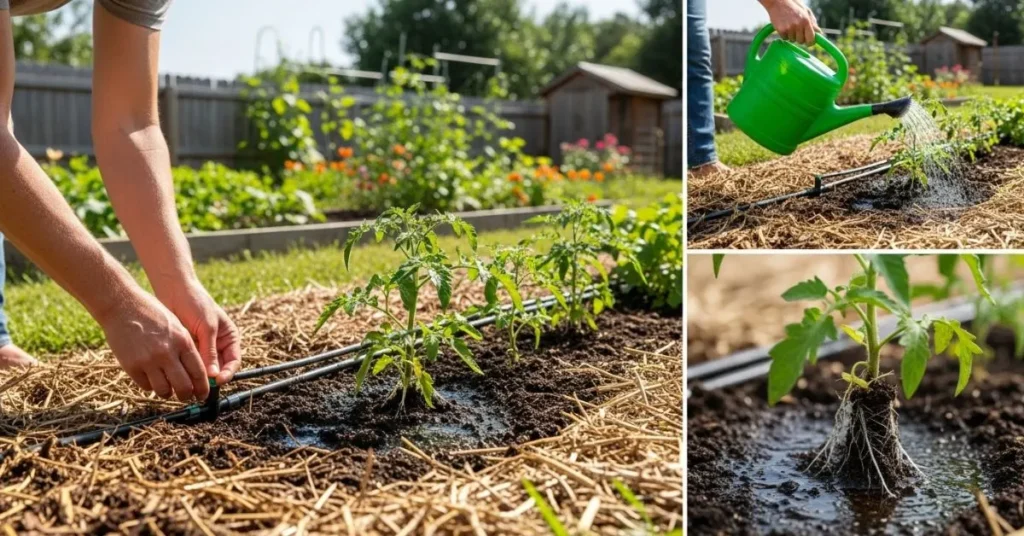 Smart watering in a garden with drip irrigation, mulch, and morning watering for healthy plants.