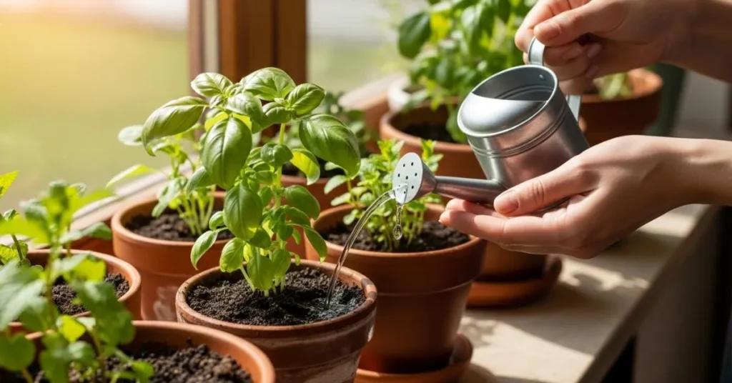 Person watering basil and mint plants on a sunny windowsill, showing proper herb care and balanced watering for home gardening.