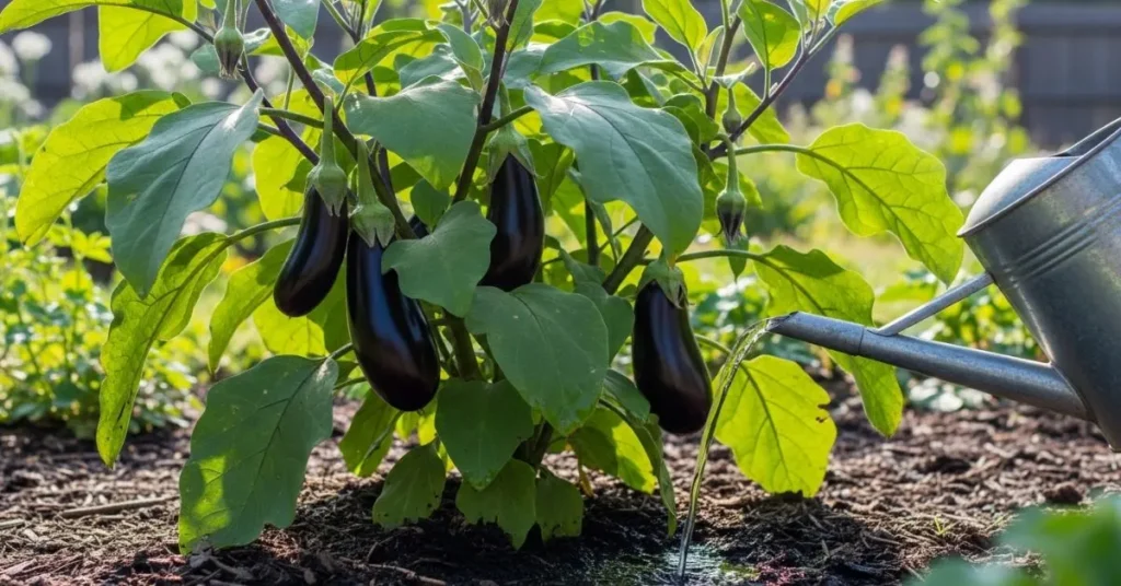 Eggplant plant in a garden with deep purple fruits, mulched base, and watering can providing morning water to keep soil moist and healthy.
