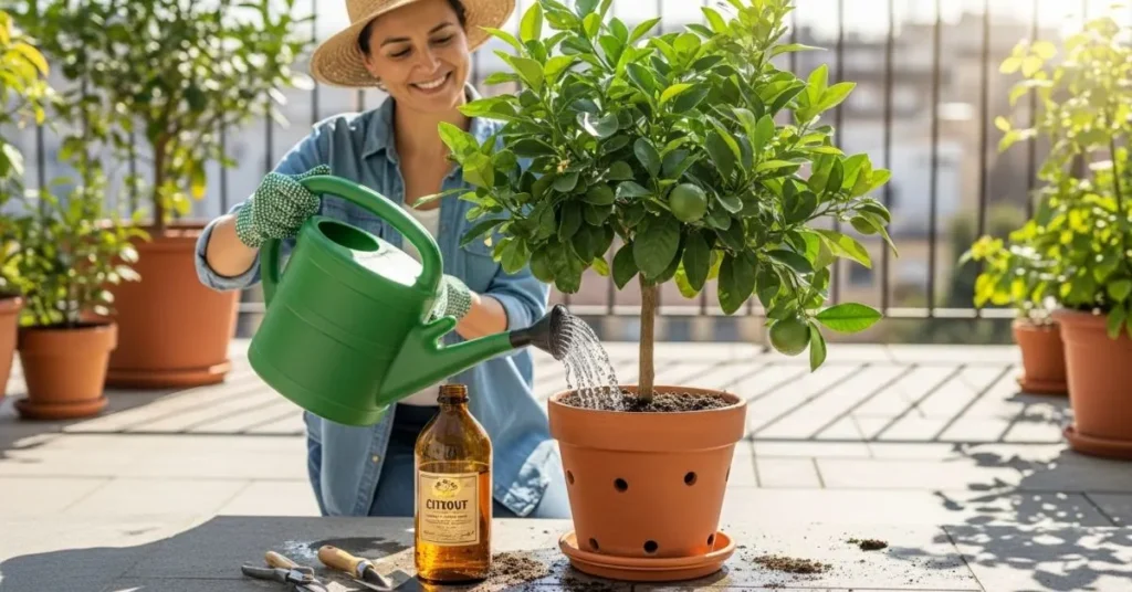 Gardener watering and fertilizing a potted citrus tree with organic compost tea on a sunny balcony.