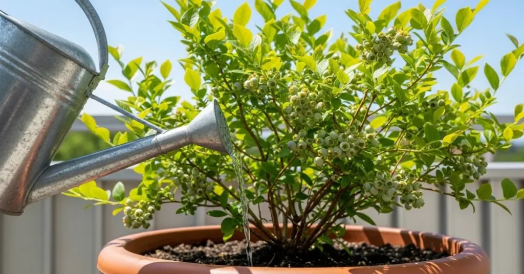 Blueberry plant in a container receiving water and full sunlight for healthy growth