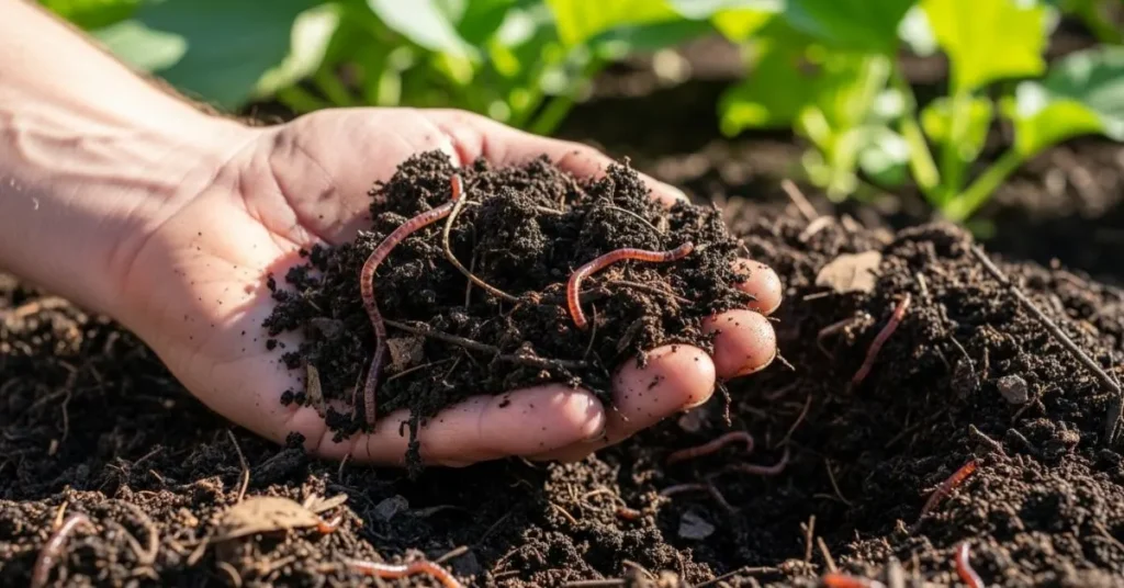 Hand holding dark nutrient-rich compost with earthworms and plants in the background