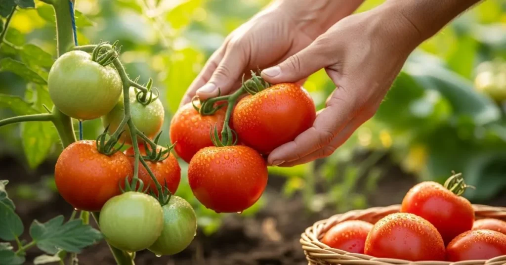 Gardener harvesting ripe red tomatoes from a vine, showing proper harvesting stage for continuous fruiting.