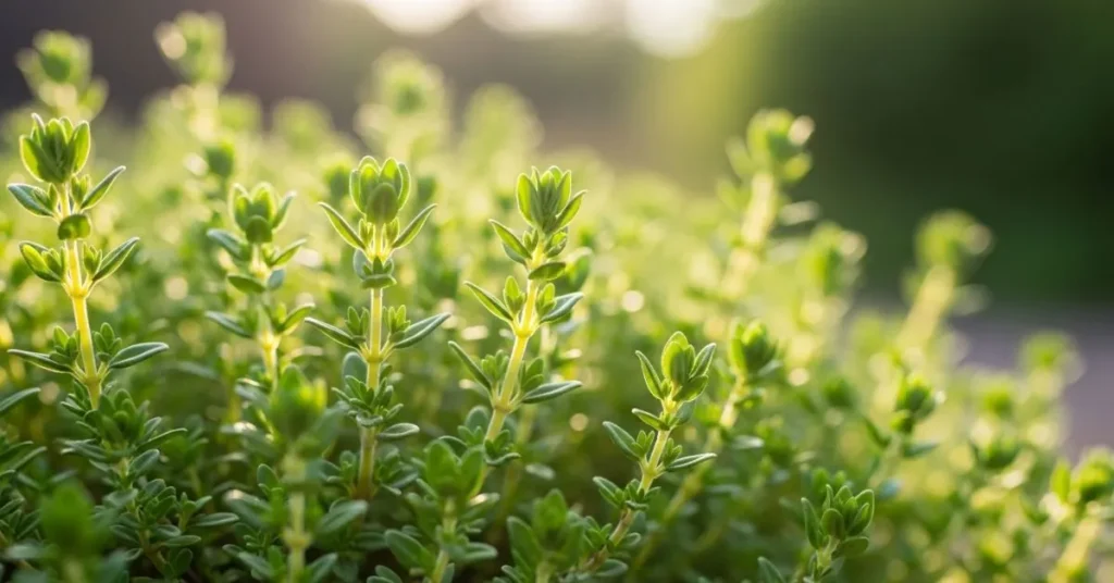 Healthy thyme plant before flowering, showing the best harvest stage.