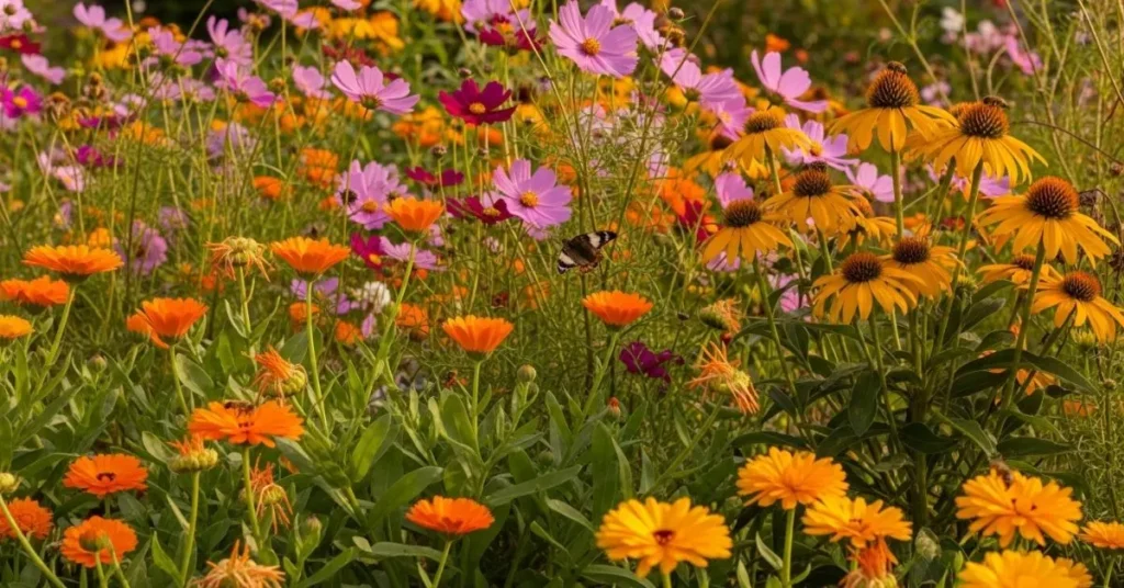 A fall garden filled with colorful self-seeding flowers attracting bees and butterflies.