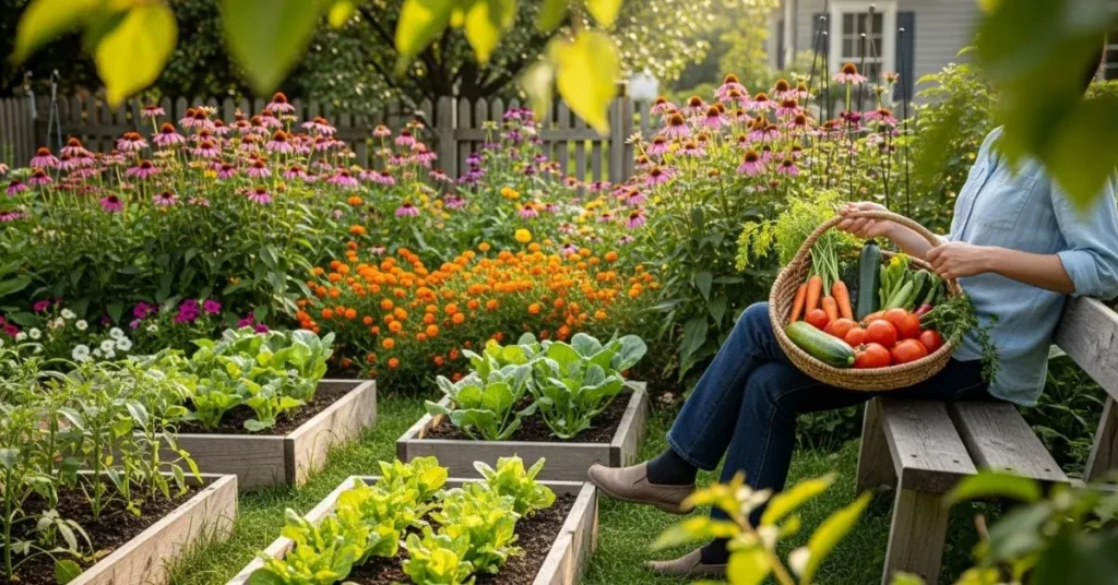 Backyard garden with flowers, vegetables, and a person relaxing with a harvest basket.