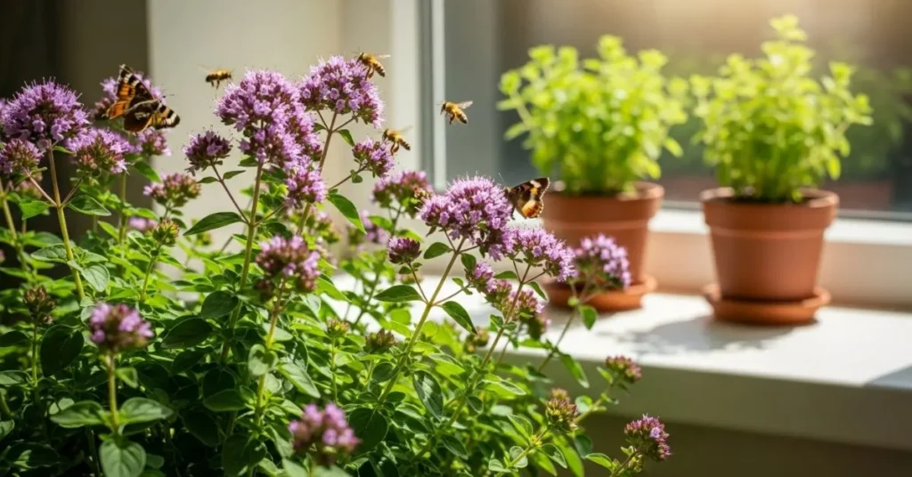 Oregano plants growing in garden beds and pots attracting bees and butterflies in sunlight.