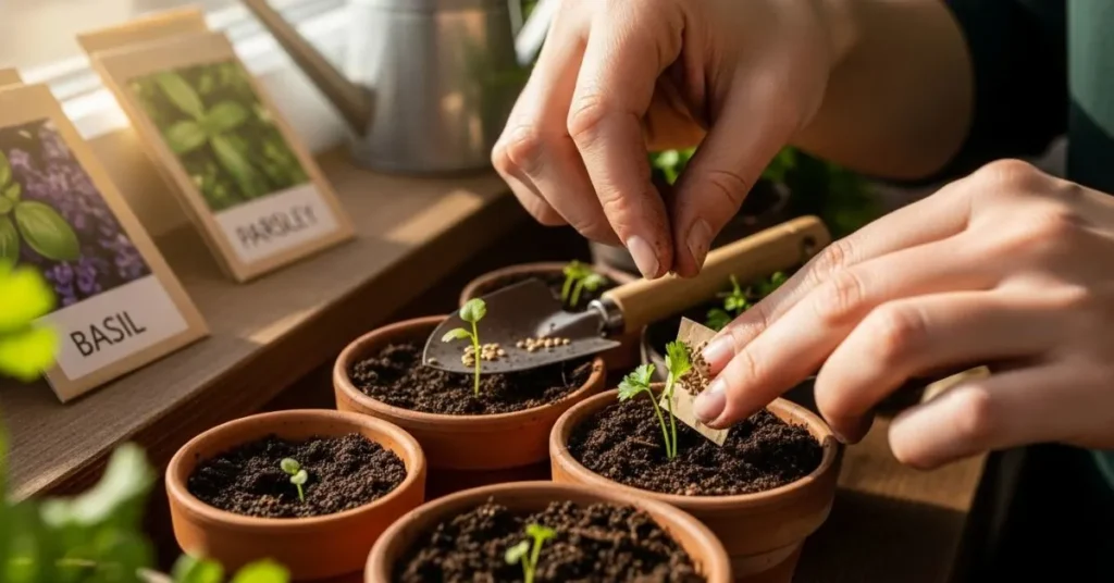 Gardener planting herb seeds like basil and parsley in small pots indoors with sunlight for starting a healthy home herb garden.