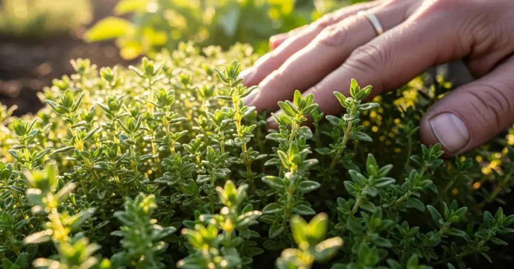 Close-up of thyme plants showing fresh green leaves ready for harvest.