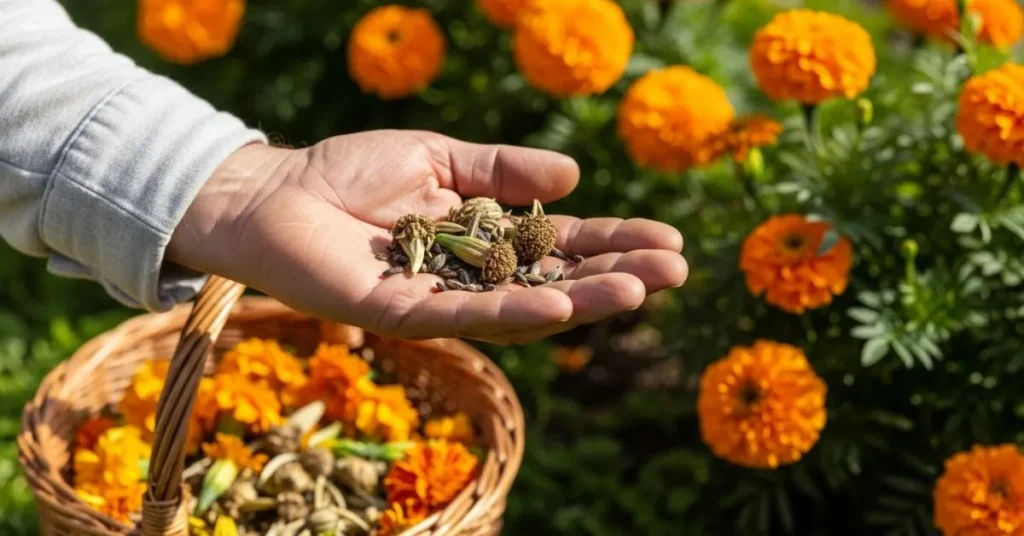 Hand holding marigold seeds collected from dried flowers in a home garden for saving and replanting next season.