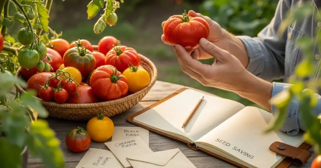 Gardener choosing ripe heirloom tomatoes for seed saving, with labeled envelopes and a notebook on a wooden table in a sunny garden