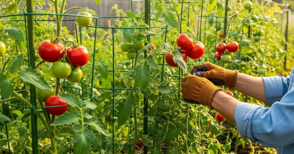 Staked tomato plants growing upright for better airflow, sunlight, and healthy fruit.