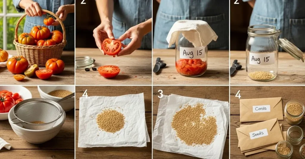 How to save tomato seeds step by step — ripe heirloom tomatoes, fermenting seeds in a jar, rinsing, drying, and storing for next season gardening.